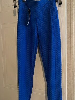 High-Waist Textured Blue Women's Leggings